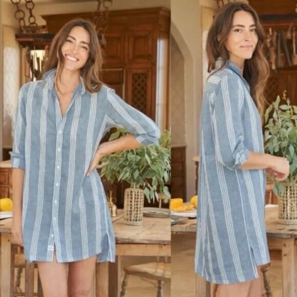 Frank & Eileen Size XS Small Hunter Linen Mini Shirt Dress Striped Blue White - Picture 2 of 5